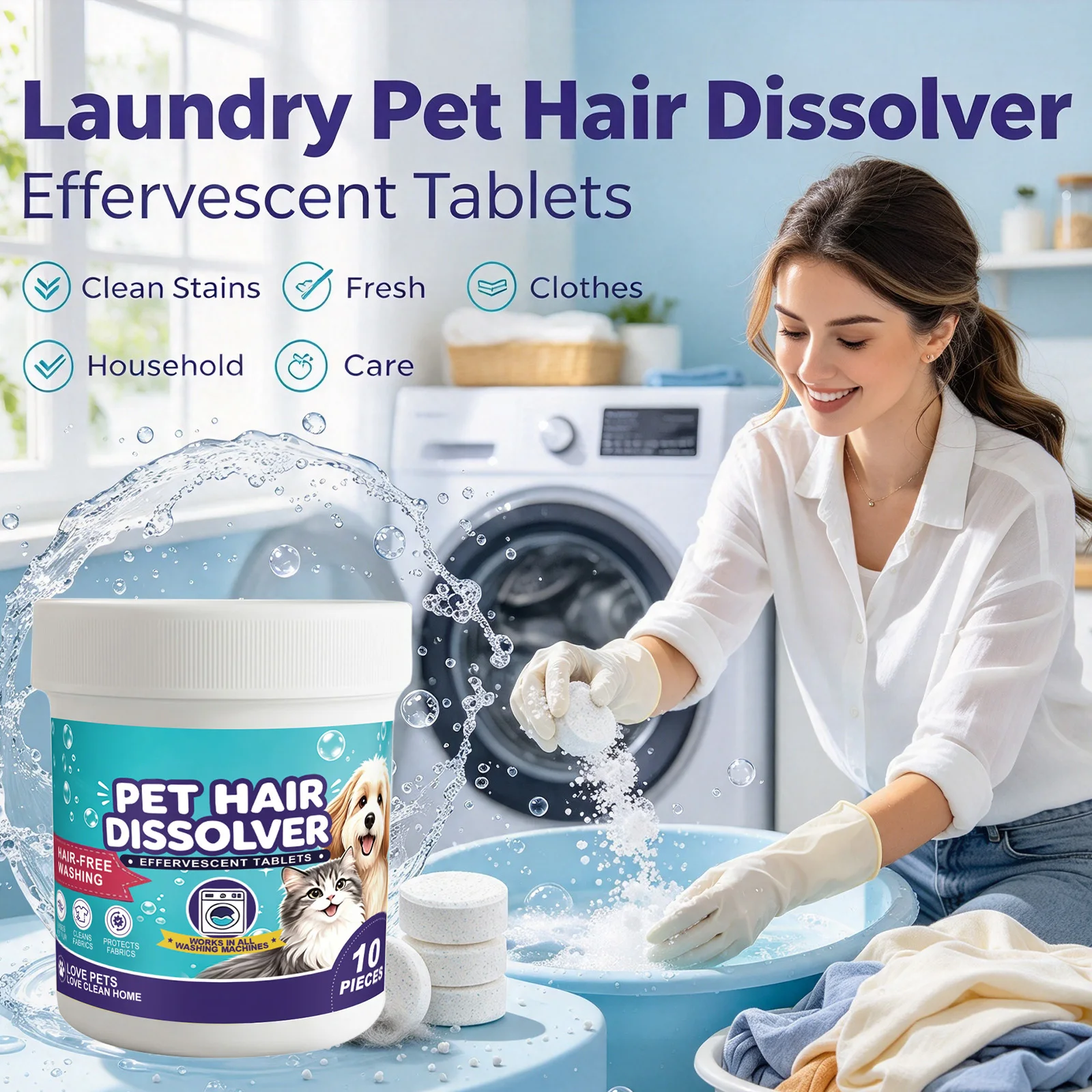 Pet Hair Dissolver Laundry Powder Removing Stains Dissolving Stubborn Fur Reduce Odors Safe Pet Hair Dissolving Cleaning Tablets