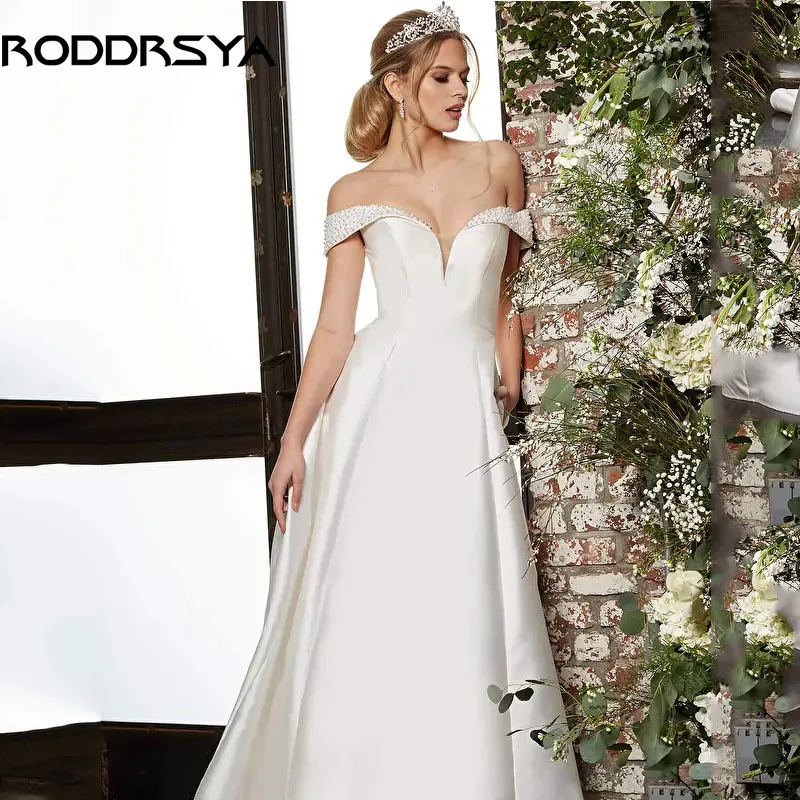 

RODDRSYA A-Line Satin Wedding Dress Off the Shoulder V Neck Bridal Gown Pearl Sweep Train Vestido De Novia Custom Made To Ladies