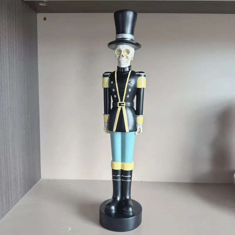 Gothic Skeleton Nutcracker Soldier Figurine Black Uniform Resin Sculpture Halloween Fireplace Mantel Table Decor Vintage Dark