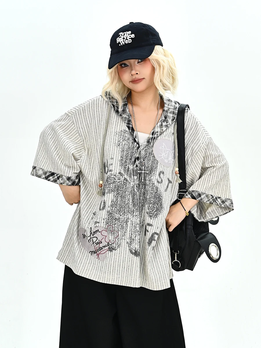 Bear Head Casual Loose Fit Short Sleeve T-Shirt for Women Summer New Style American Lazy Style Streetwear round Neck Top