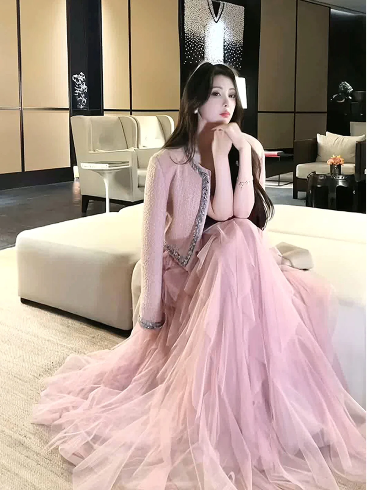 Classic Style Pink Coat Tulle Skirt Two-Piece Suit for Women