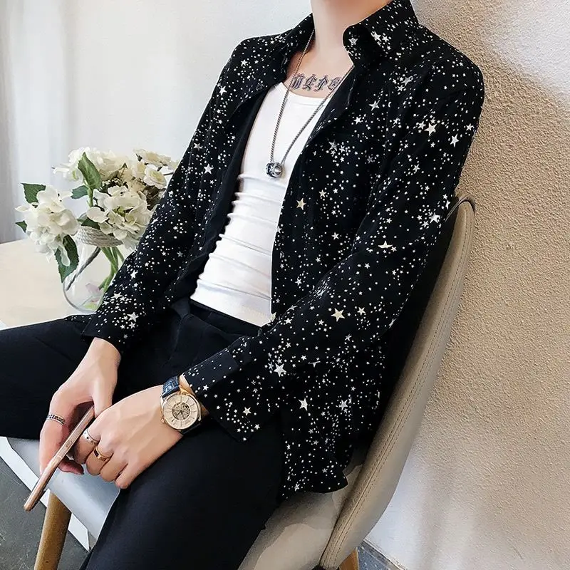 Internet Celebrity Five-pointed Star Shirt Men's Long-sleeved Casual Silky Ins Handsome Hair Stylist Trendy Star Versatile Shirt
