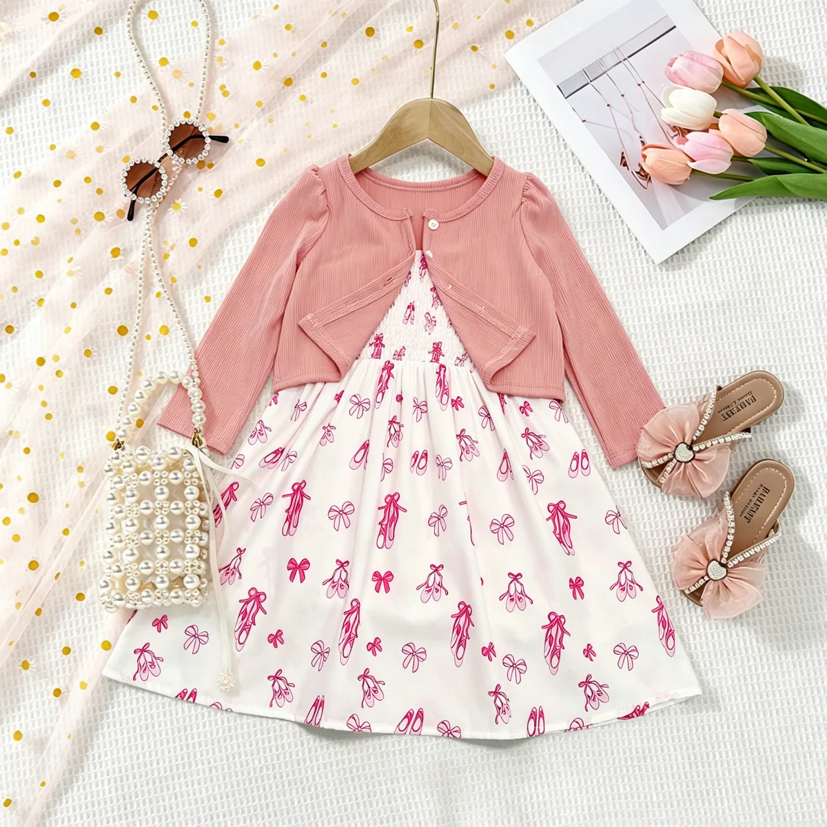 2026 Spring Autumn Girls 2Pcs Outfit, Fashion Cardigan Jacket with Cherry Print Shirred Strap Dress Two Piece Set for 100-150cm