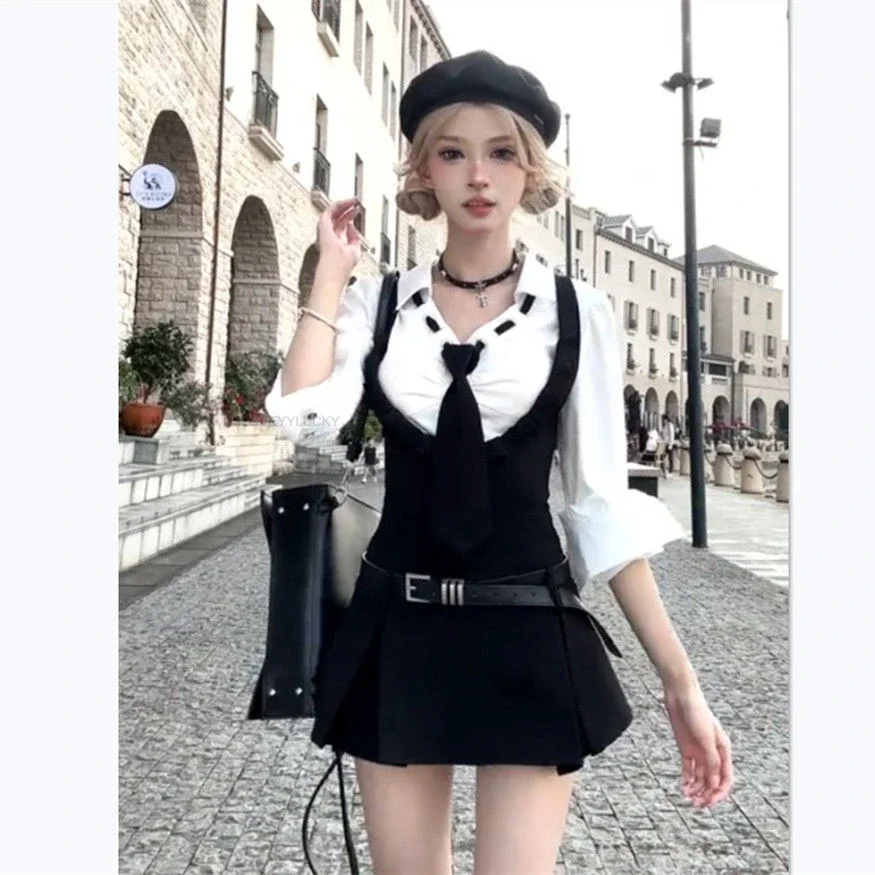 Camicia patchwork in pizzo Set generale Uniforme scolastica stile college Set due pezzi Gonna corta snellente a vita alta Set due pezzi