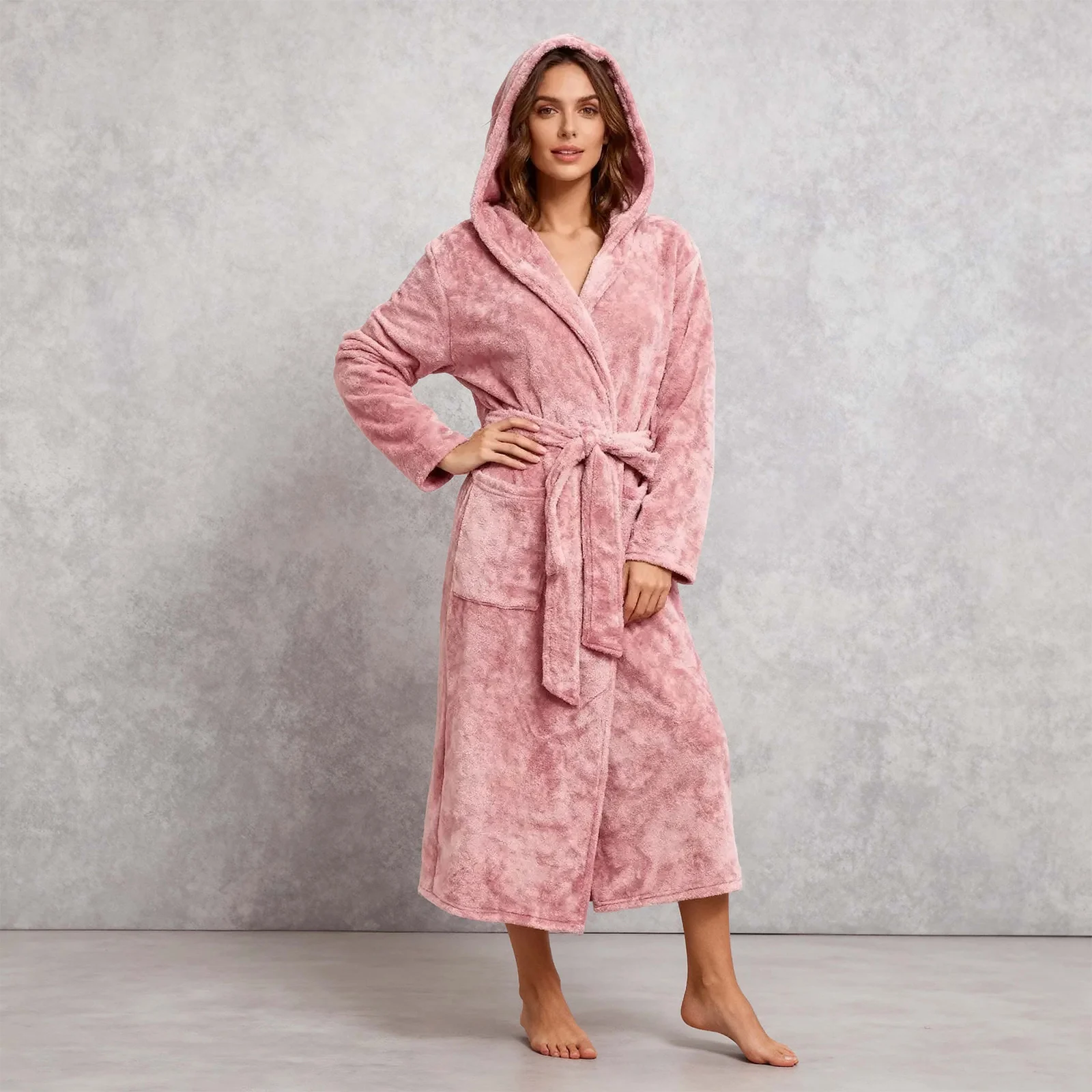 

Winter Warm Fleece Pure Color Robe Women's One Piece Nightgown Long Sleeve Hooded Design Soft and Comfy Flannel Pajama