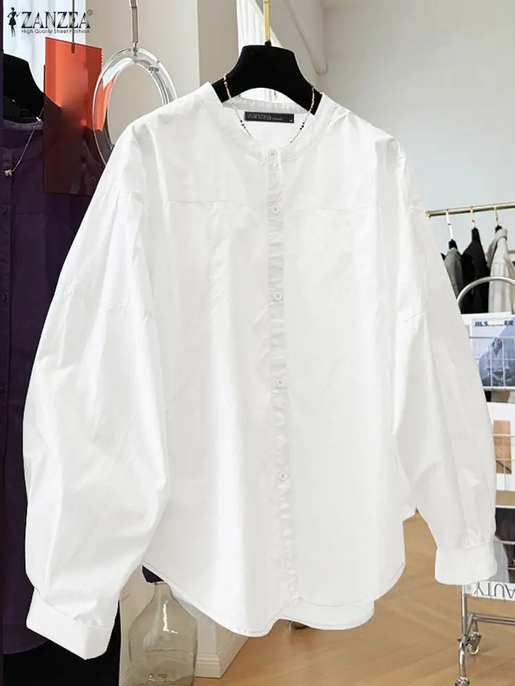 ZANZEA Frauen 2025, Herbst Shirts, Elegante O Hals Langarm Bluse Weibliche OL Arbeit Blusas Tasten Up Tops Casual Solide Lose Hemd