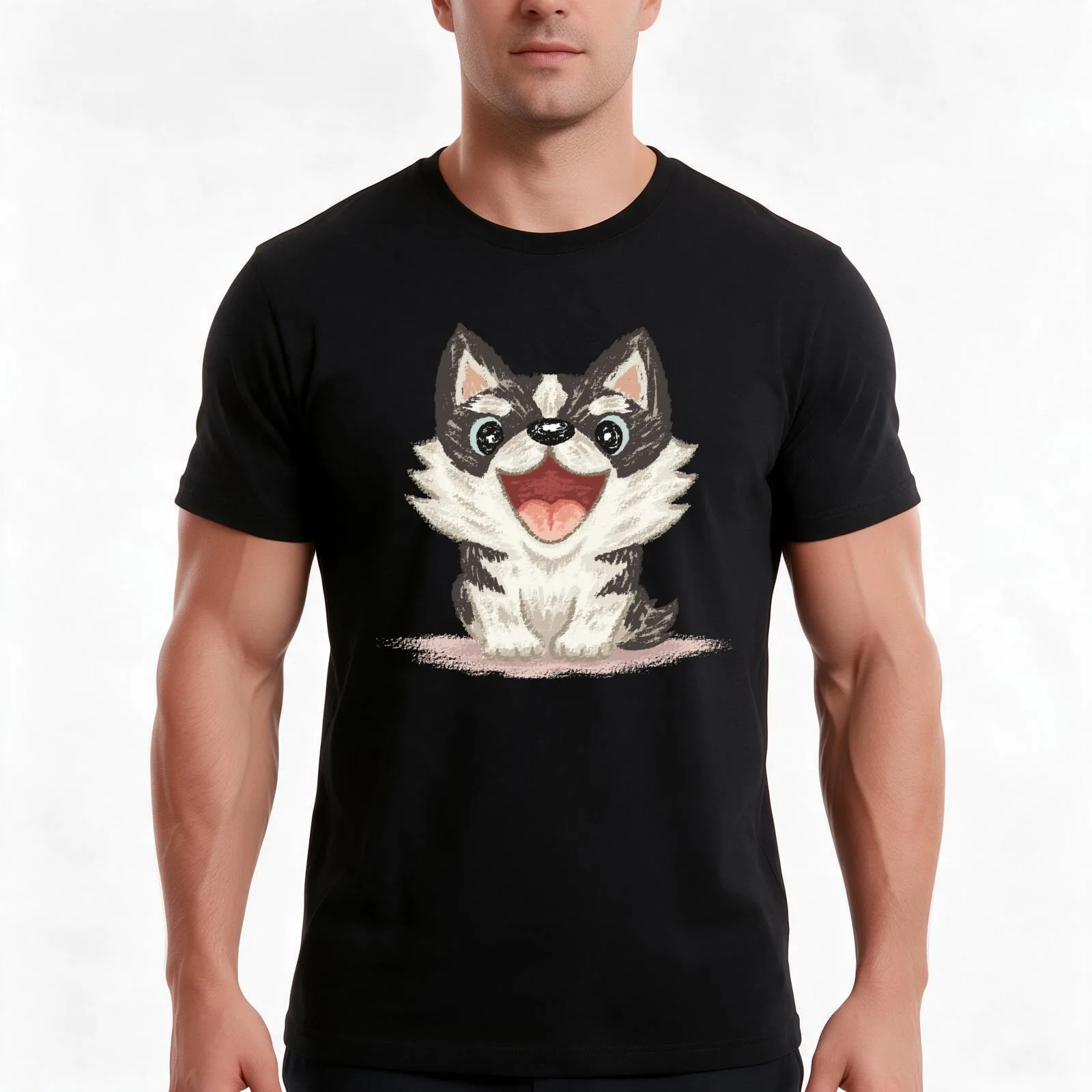 Happy Siberian husky T-Shirt, Summer Casual Cotton Tee, Oversized Streetwear Tops, Vintage Graphic Print, Loose Fit Short Sleeve