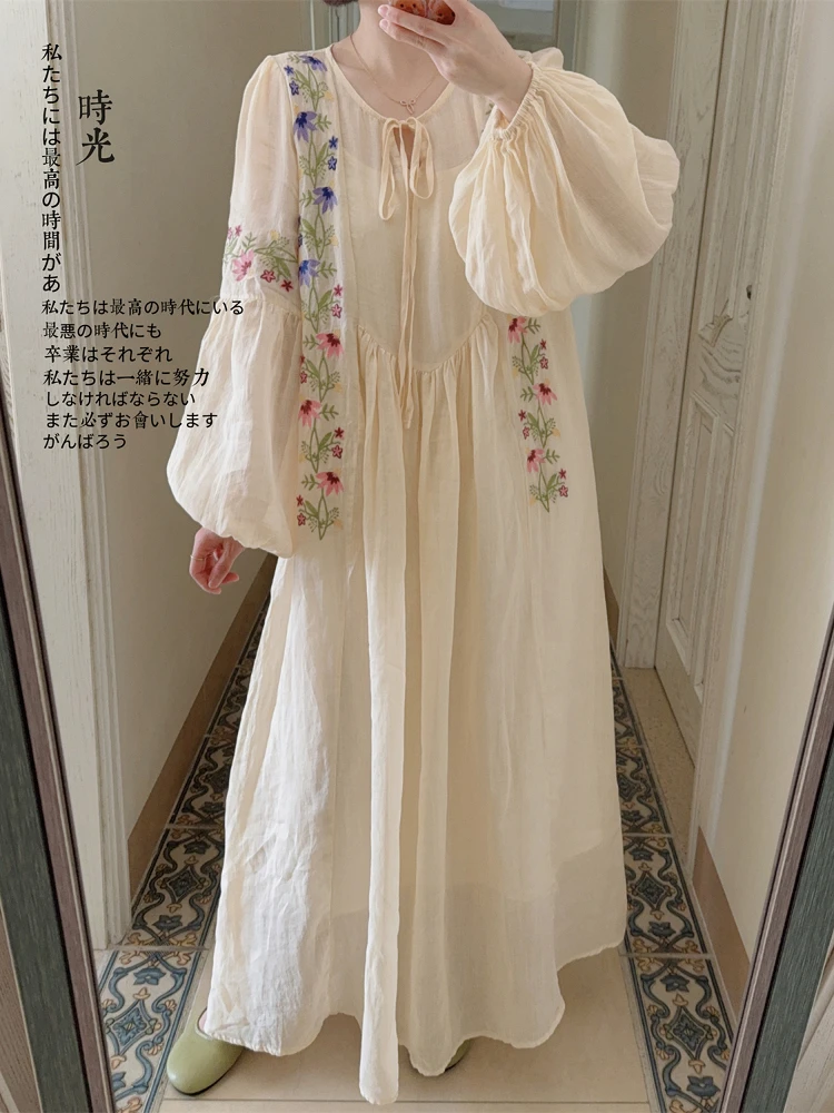 

TIYIHAILEY Spring Autumn Women Ladies Linen Embroidery Dress Lantern Full Sleeve Fashion 2025 New Long Mid-Calf Ladies 2pcs