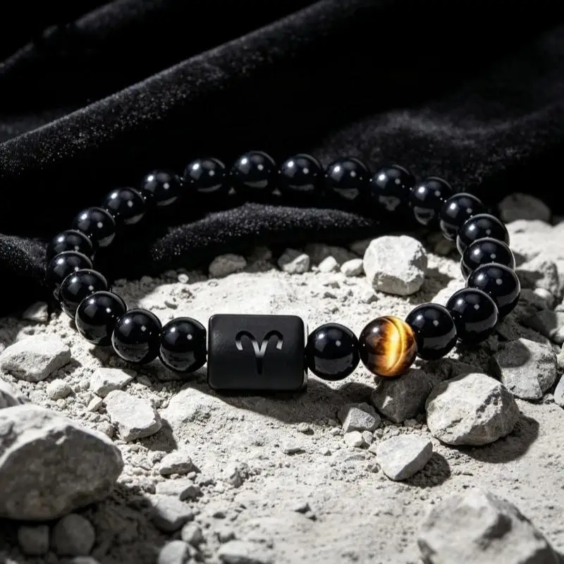 1Pcs Men's Aries Zodiac Sign Bracelet Natural Black Agate Tiger Eye Stone Beaded Bracelet Horoscope Jewelry Gift For Male Friend