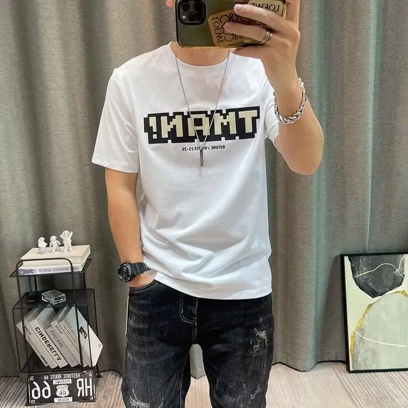 تي شيرت رجالي ضيق بنصف كم أخضر ، قمم قطنية كاجوال برسومات ، قميص مطبوع بحروف ، تيشيرتات عصرية للشباب ، صيف ، جديد ،