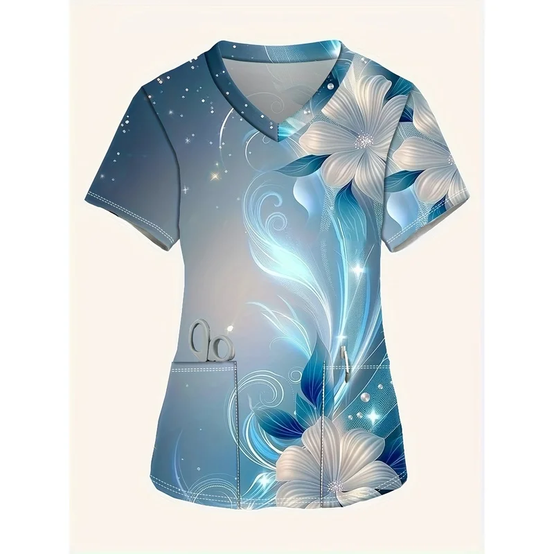 Women's Fashion Short SleeveVCollar top，Starry sky abstract floral print casual comfortable medical nurse uniform with pockets