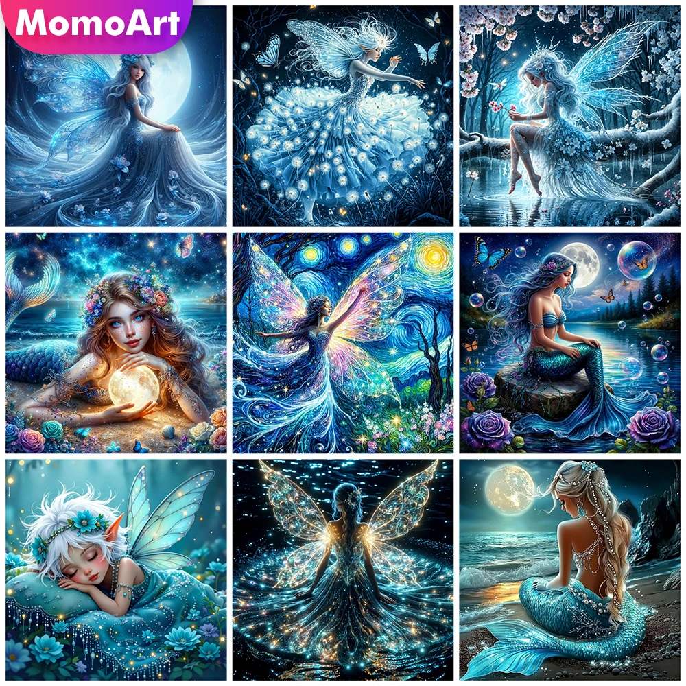 Momoart Diamantmalerei Mädchenporträt Bild Strass Mosaik Flügel Vollquadrat Rund Stickerei Meeresansicht DIY Handgemachtes Geschenk