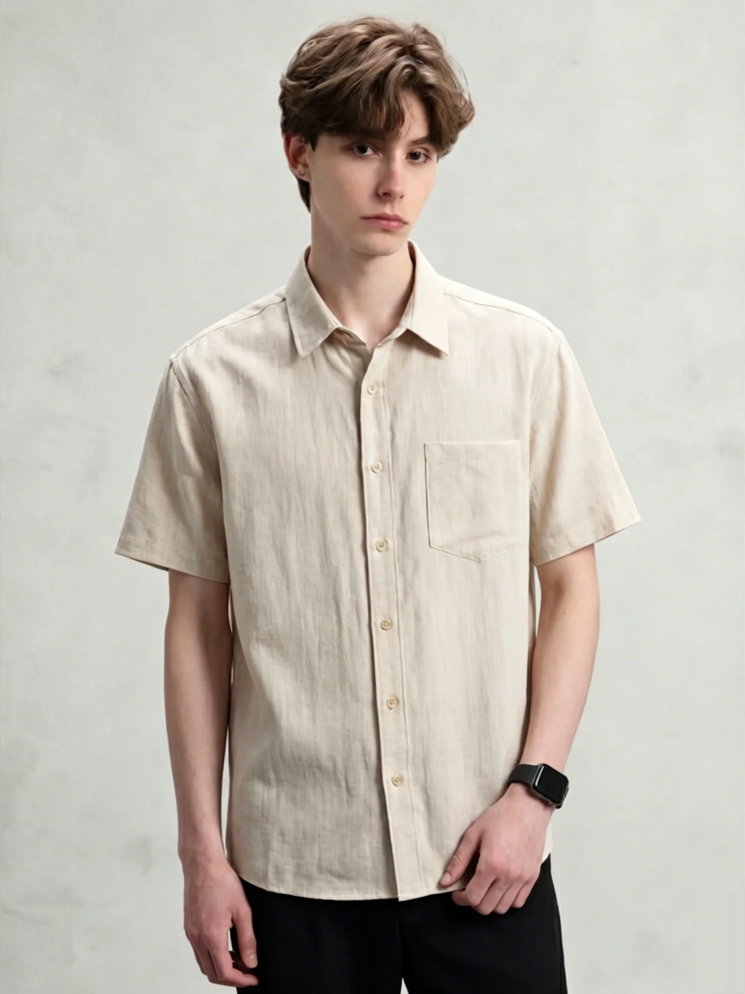 Khaki Linen Short Sleeve Shirt Men's Lightweight Breathable Simple Match Summer Fashion Outerwear American Style Loose Fit