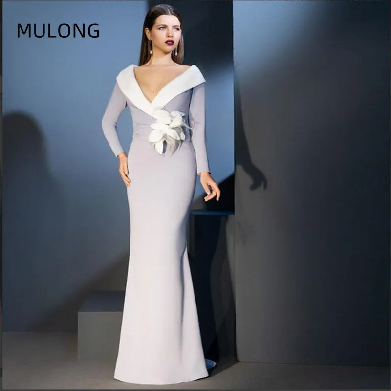 MULONG Elegant Mother of Bride Dresses Mermaid Floor Length Wedding Guest Gown with Full Sleeve Mother's Party Wear With Flower