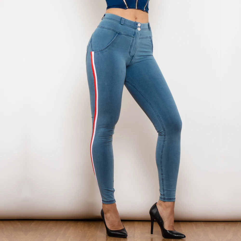 Shascullfites Melody Side Striped Middle Waist Skinny Jeans Bum Lift Leggings Woman Sexy Push Up Jeans Denim Pencil Pants