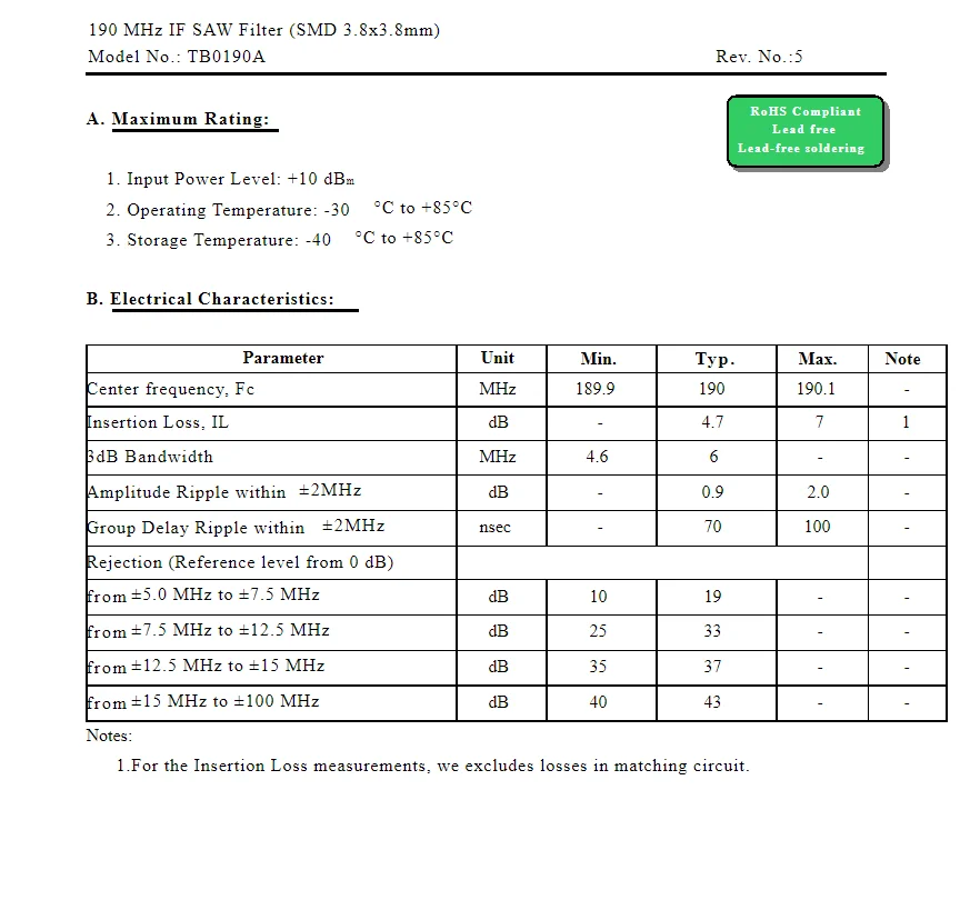 (2PCS) TB0190A 코드 190 새로운 정품 190MHz 패키지형 SMD SAW 필터 재고 있음