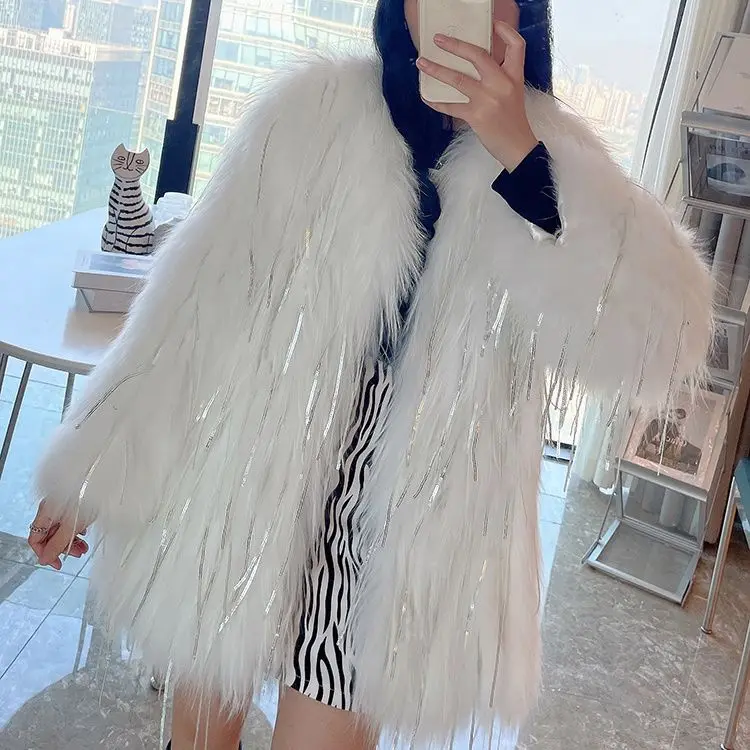 Winter Luxury Faux Fox Fur Coat Slim Long Pink Glitter tassels Faux Fur Jacket Women Lengthen Fake Fur Coats manteau fourrure