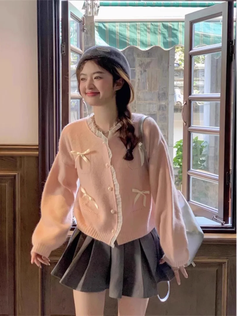 

Sweet Fashion Lace Splice Knit Cardigan Women Bow Round Neck Beaded Soft Glutinous Korea Gentle Solid Chic Spring Sweater Coat