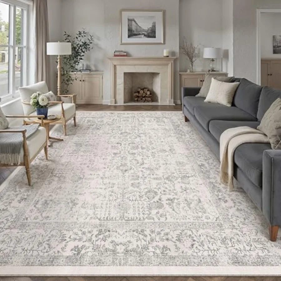 

Gray Area Rug 10x12 Machine Washable Large Vintage Living Room Distressed Non Slip Carpet Traditional Indoor Bedroom Grey Retro