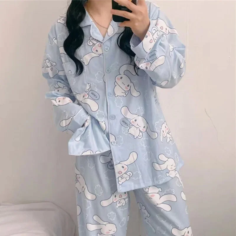 Sanrio Cinnamoroll Cartoon Women\'s Pajama Y2k Cute Fashion Sleepwear Set Woman 2 Piece Long Sleeve Home Suit For Female 2024 New