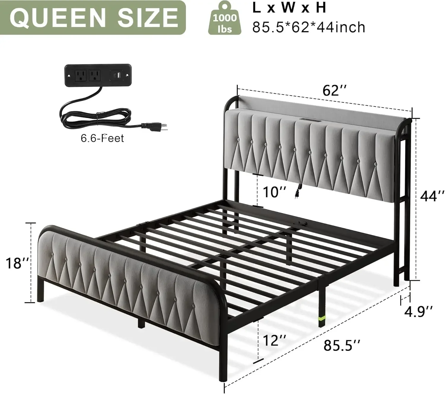 Feonase-Queen Bed Frame com Tipo-C e Porta USB, Metal Plataforma Camas, Veludo Estofados Cabeceira, Footboard, 12 polegadas