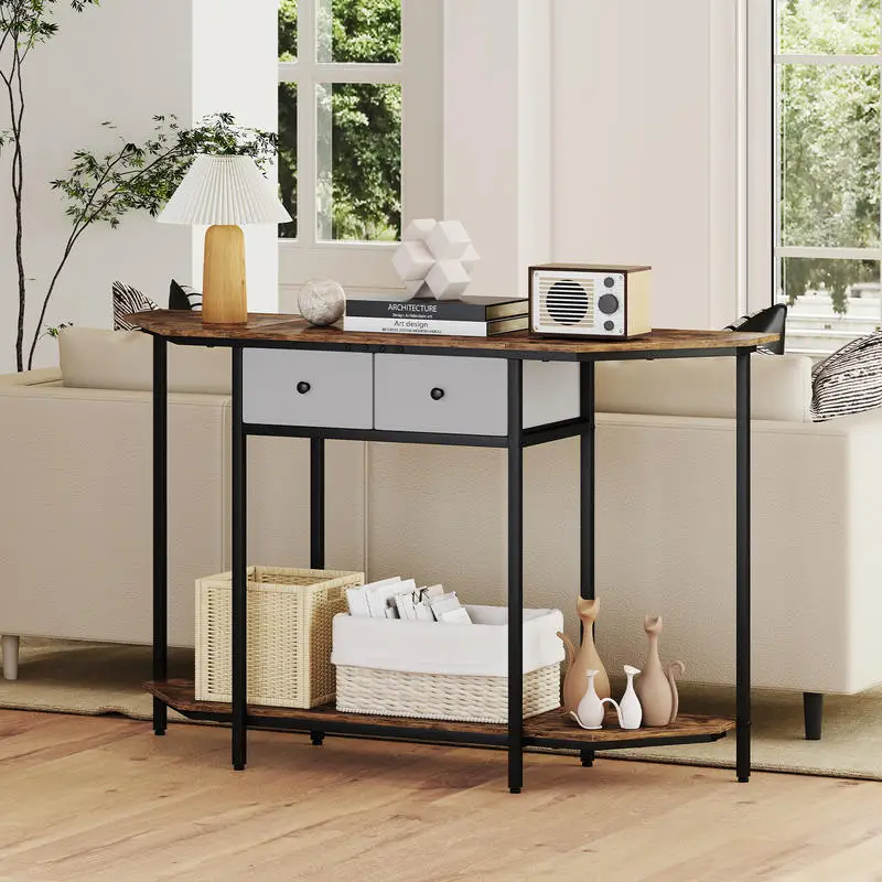 Rustic Brown Console Table with 2 Drawers and Open Shelf, Polygonal Top Metal Frame Entryway Table for Hallway Living Room, Narrow Sofa Table