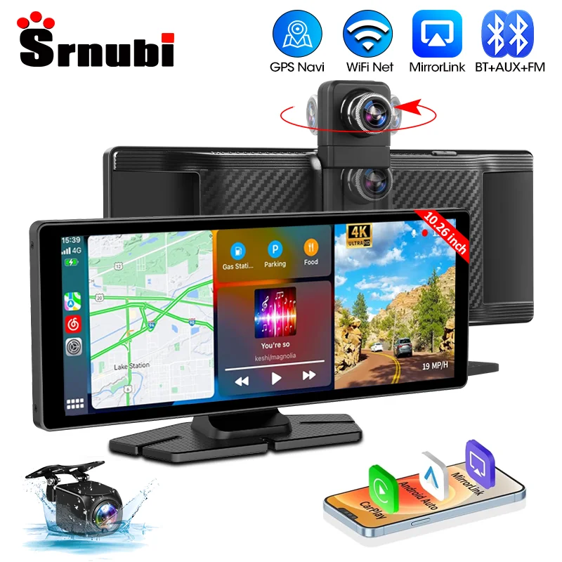 10.26'' Portable Car Stereo with 360° Rotate 4K ADAS Dash Cam, Wireless Carplay & Android Auto, GPS Navigation, Mirror Link, AUX