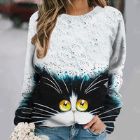 Women's street fashion T-shirt cute cat pattern clothes round neck long sleeve female T-shirt cat with glasses blue