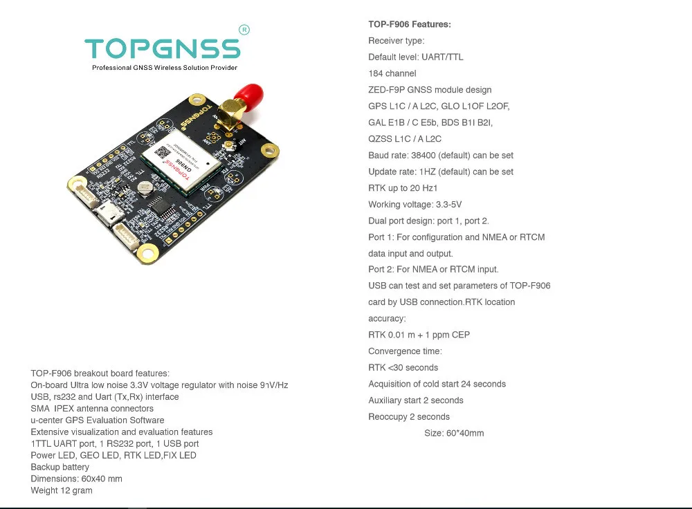 Designed with the ZED-F9P F9 module, the RTK high-precision GNSS receiver can be used as a base station and rove TOPGNSS TOP906