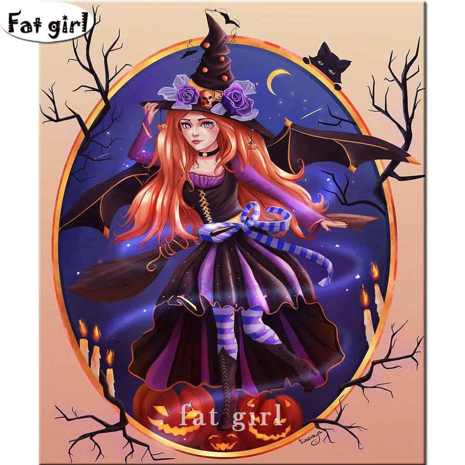 Diy Diamond Painting Little Witch Cross Stitch Cartoon Girl Round Drill Unfinished Diamond Embroidery Pumpkin Halloween Picture