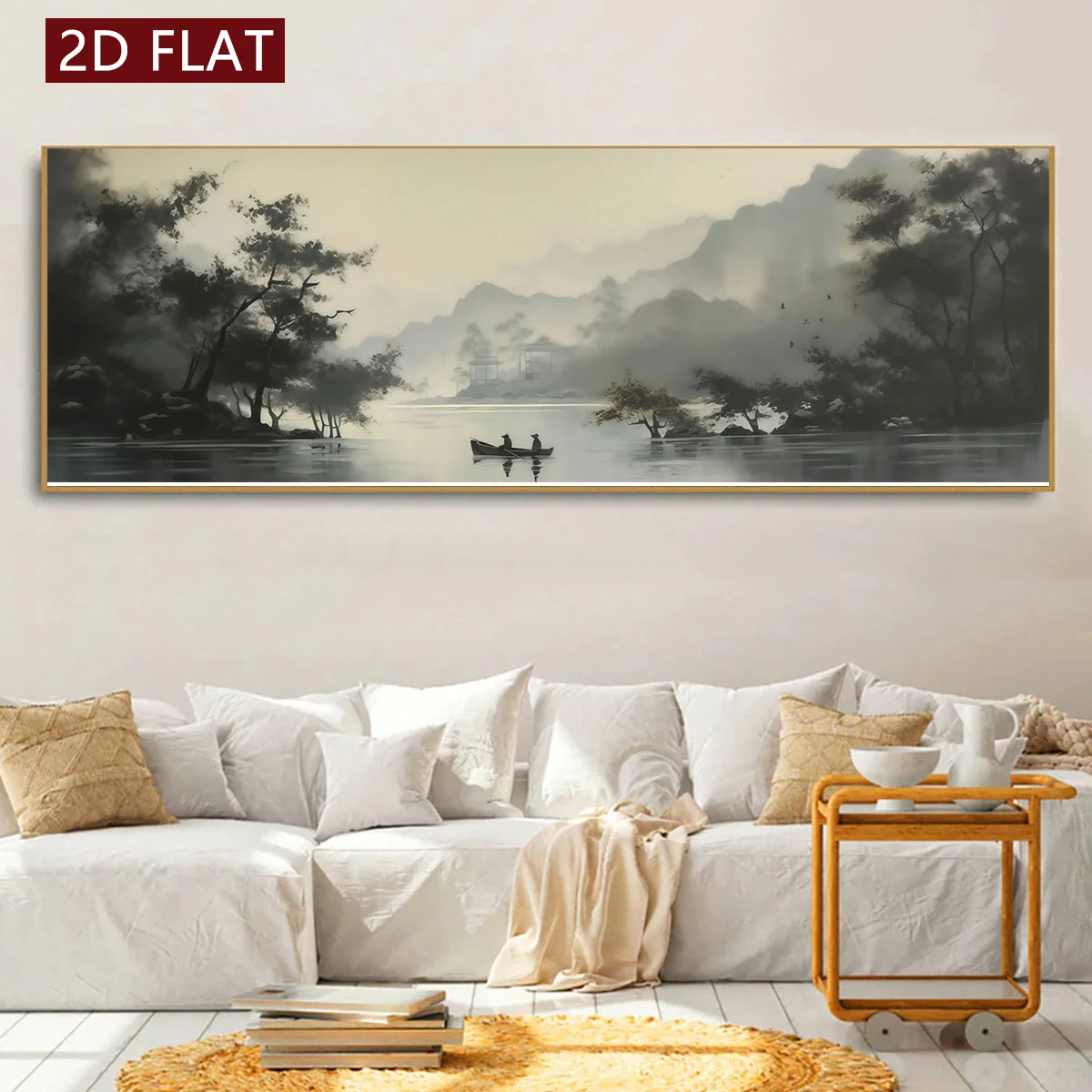 2D Flat Large Chinese Landscape Canvas Wall Art Frameless Misty Mountain Scenery Canvas Prints for Living Room and Bedroom Decor