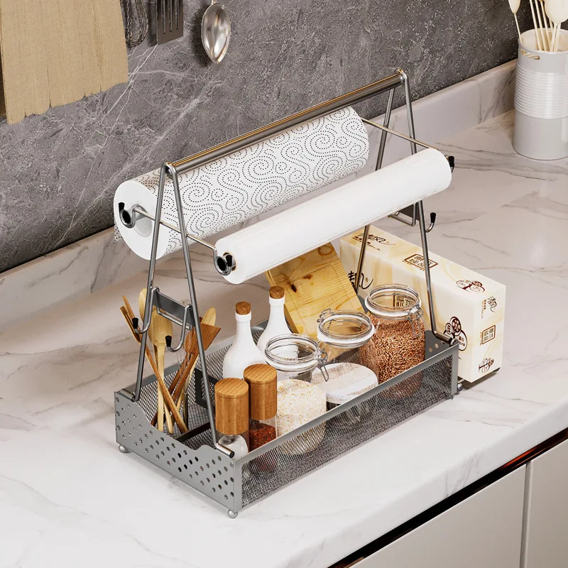 Folding BBQ Tools Hand Basket Seasoning Plastic Wrap Paper Towel Shelf Basket Outdoor Camping BBQ Storage Rack