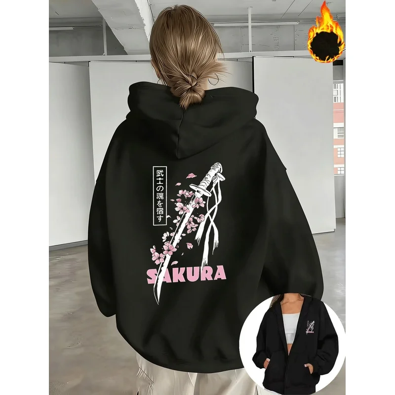 Women'S Samurai Spirit Cherry Blossom Printed Fleece Hoodie, Zip-Up Sweatshirt, Fall Winter Outerwear Jacket