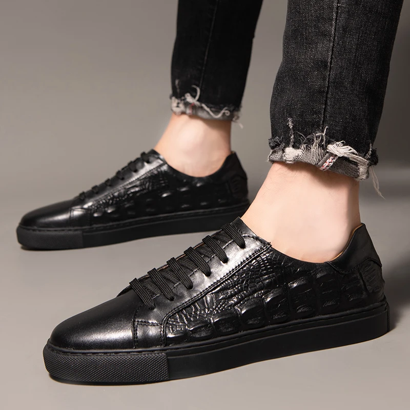 

Sneakers Men Casual Shoes lace up Fashion Outdoor black Sneakers breathable Basic Flats genuine Leather Handmade men shoes