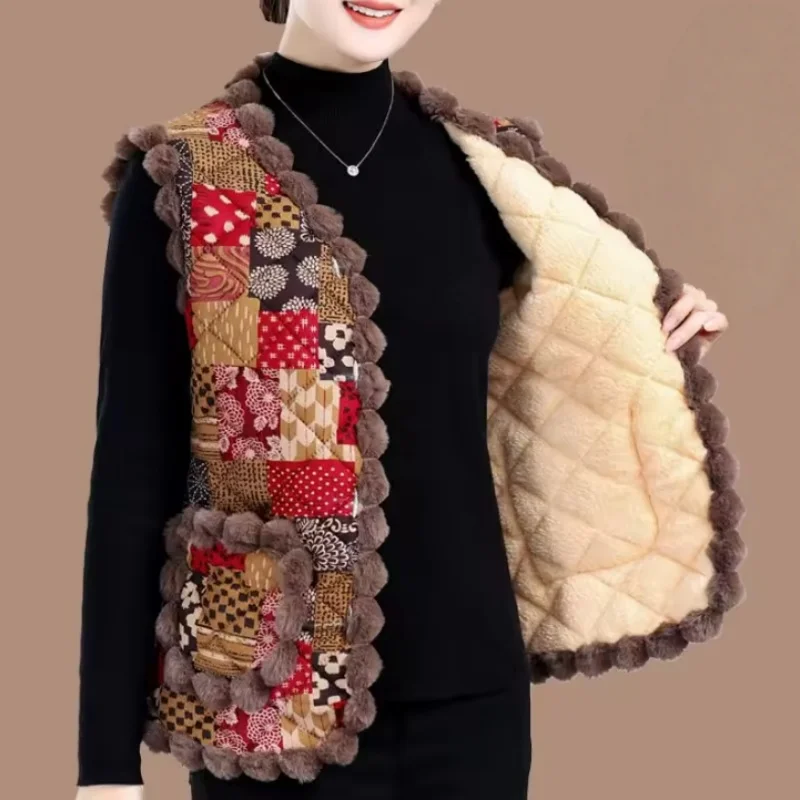 Color-Blocking Thicken Fleece Warm Vest Autumn Winter Women's Fashion New  Warm V-neck Regular Length Single Button Waistcoat