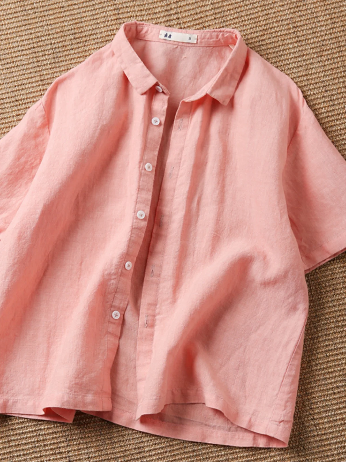 

Linen Thin ort Sve irt Pure Color Retro Women's Summer Suit Collar Top Small Size Versatile irt Commute Sle Loose Fit