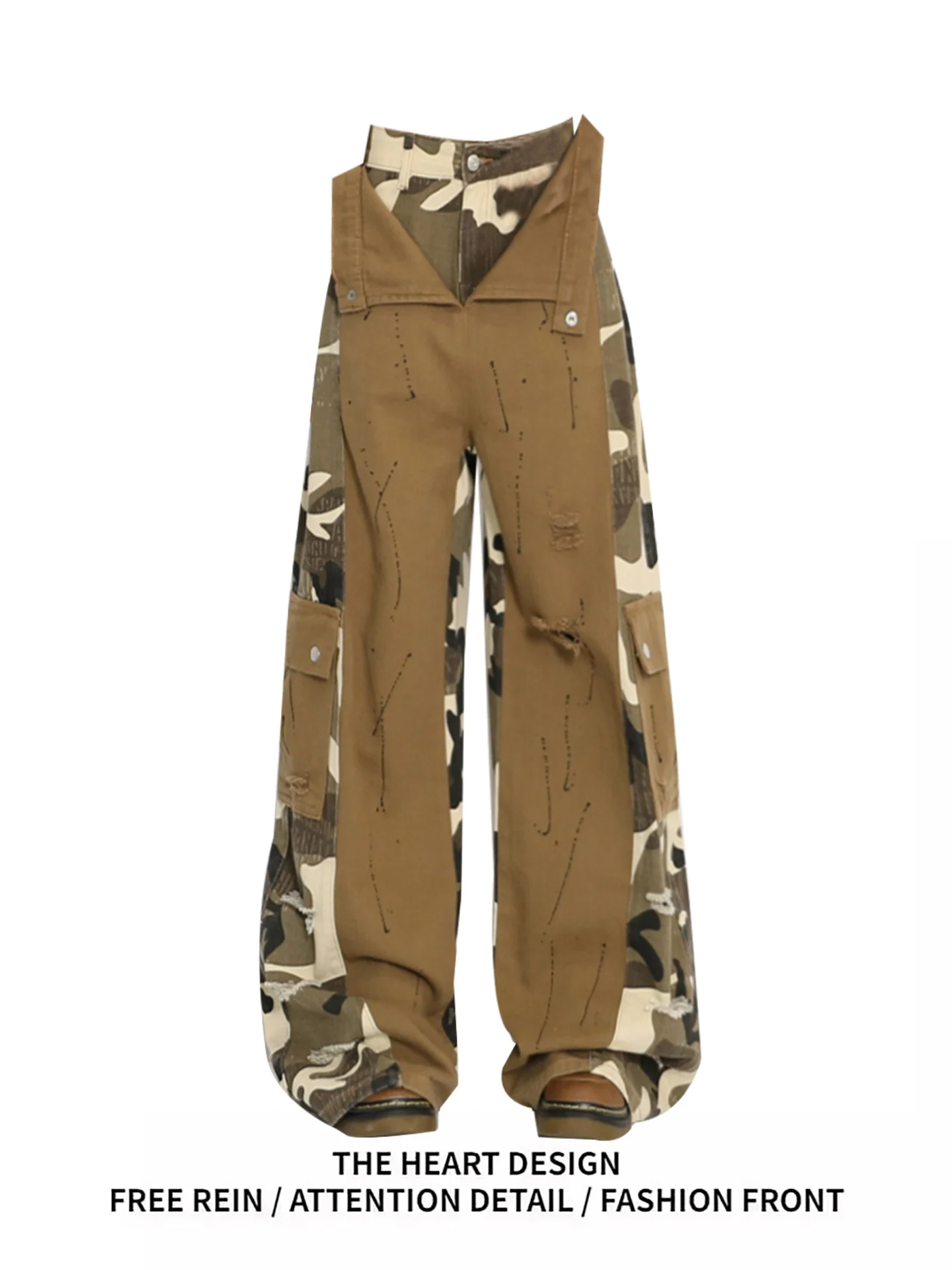 

Американские ретро камуфляжные широкие джинсы, женская рабочая одежда, джинсовые брюки, осенние повседневные брюки на молнии с высокой талией