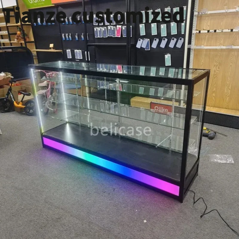 

Customized-6ft Glass Display Showcase with Running Light Aluminum Frame Floor Standing Display Counters Smoke Shop Display Cases