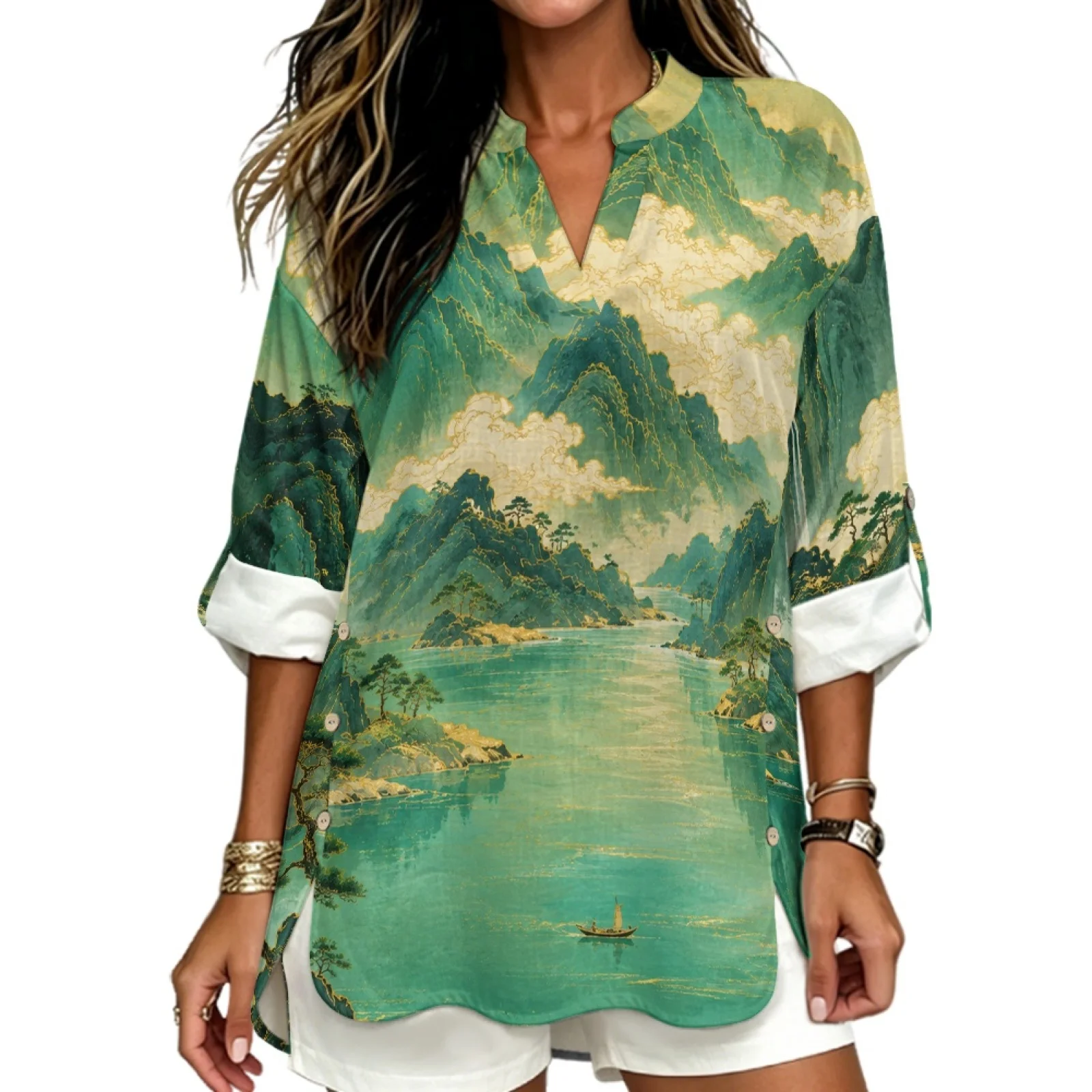 PENSTROLL Mountain Lake Landscape Linen Like Long Sleeve Tops Trendy Tunic Tops for Women for Travel Sizes S-5XL