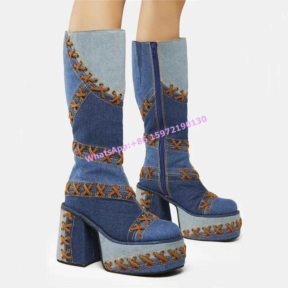 

Platform Sewing Patchwork Boots Blue Brown Chunky High Heels Side Zipper Round Toe Sewing Shoes Winter Fashion Winter Boots 2025