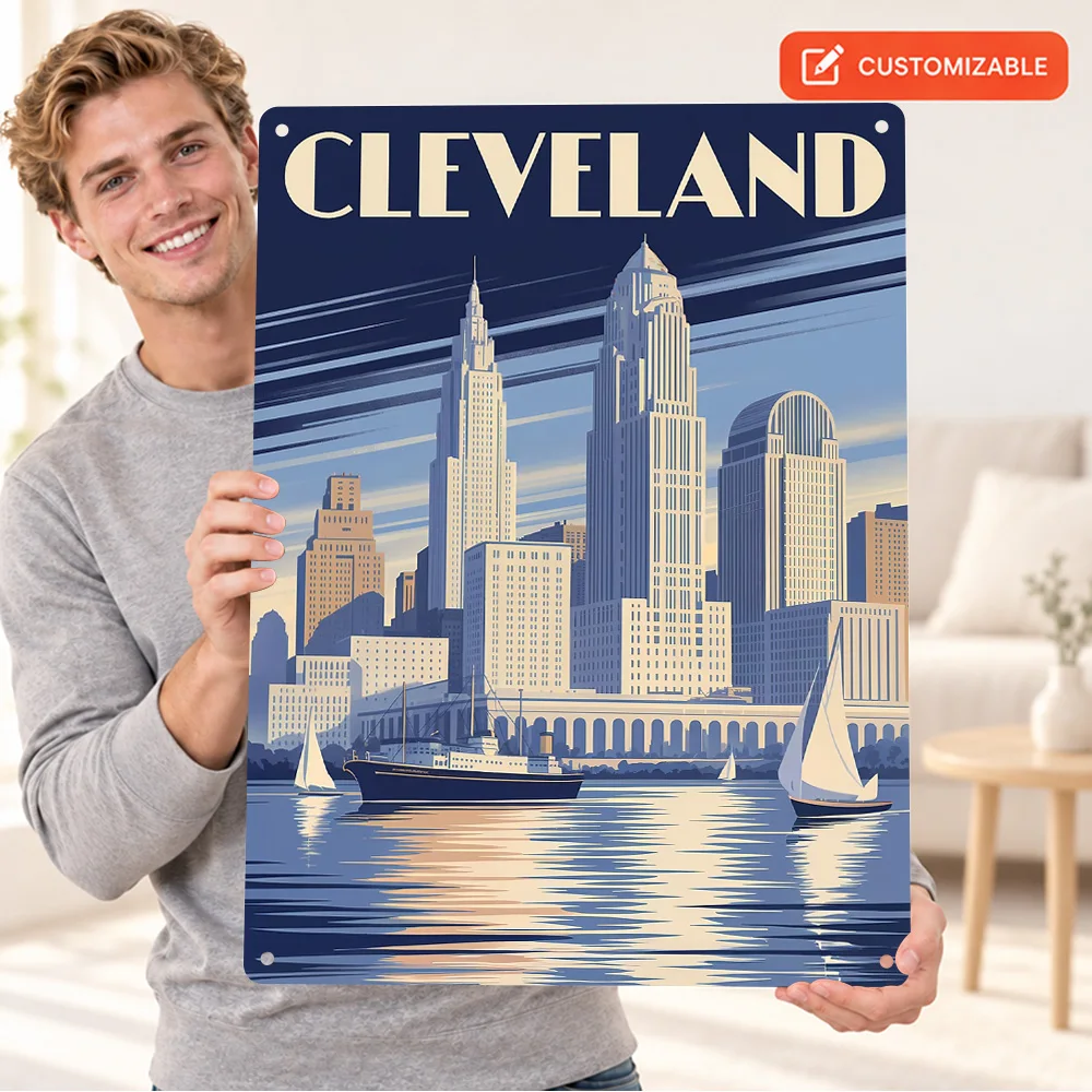 Cleveland Deco Skyline Printed Poster Retro Colorful Wall Art For Home Office Customized Aluminum Metal Sign New Resident Gift