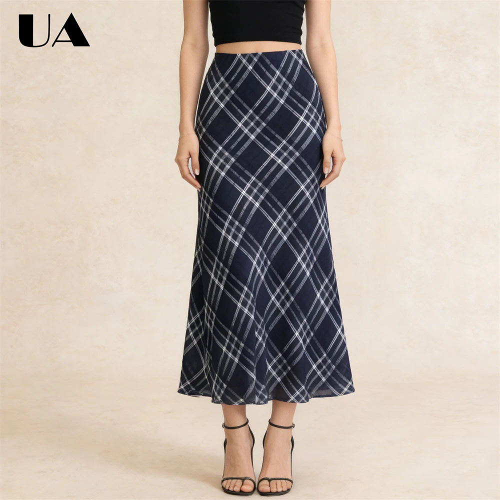 Retro Artistic Plaid Skirt for Women, Fishtail Texture Blue Skirts, Timeless Women's Skirt, M-XL Temperament Dress