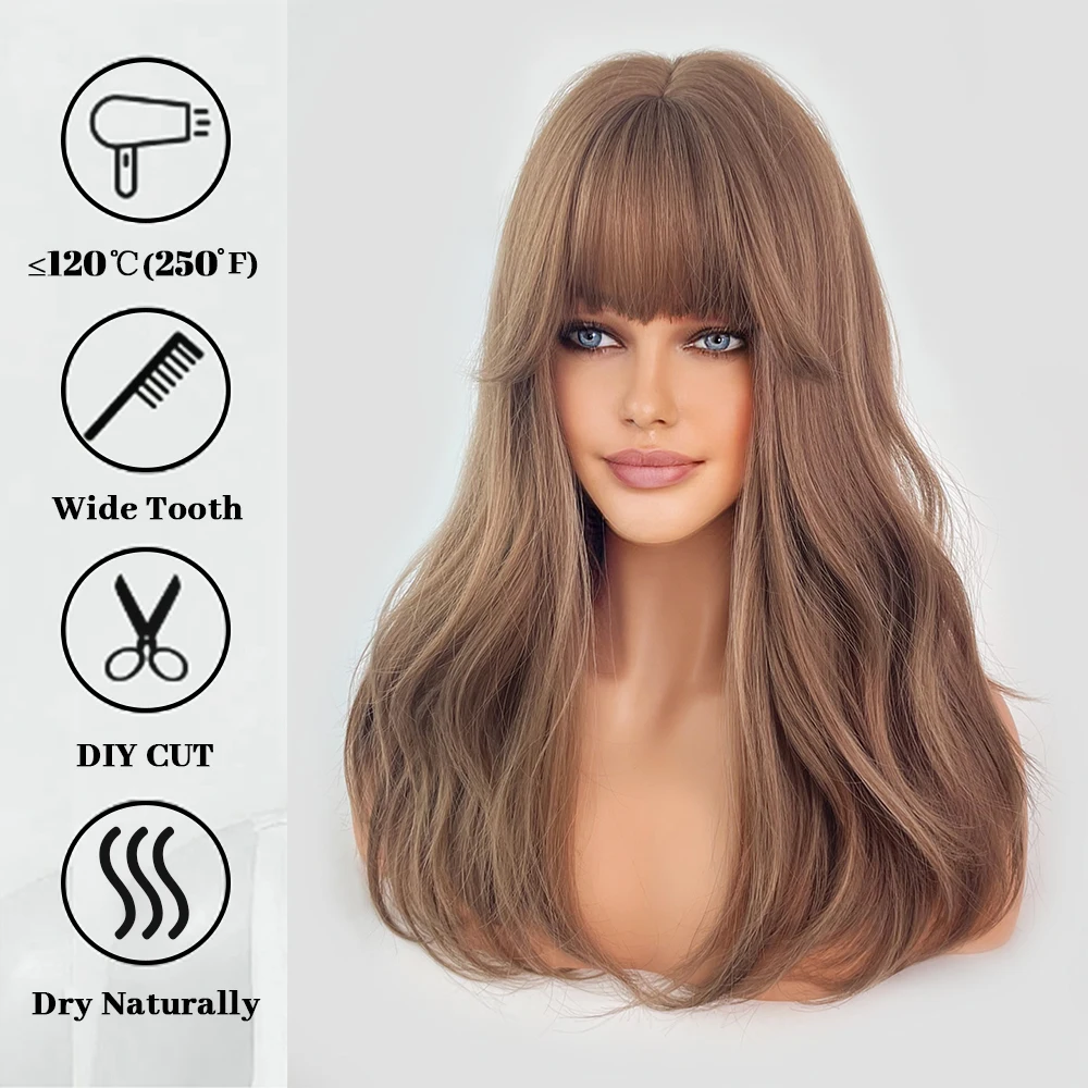 Chocolate Brown Long Straight Synthetic Wigs for Women Natural Wave Wig with Bangs Heat Resistant Cosplay Lolita Daily Fake Hair