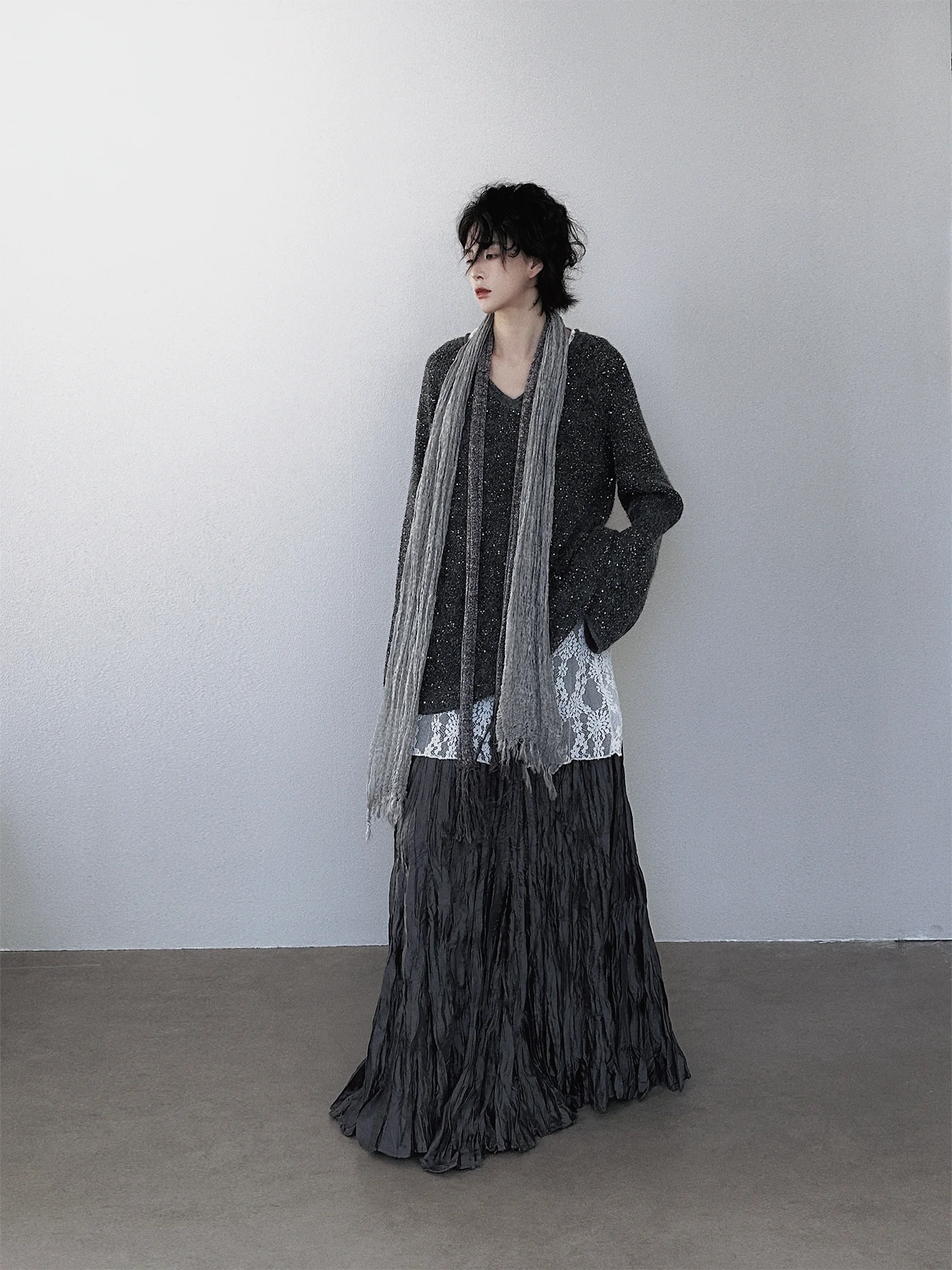 

Loose V-Ne Knitted Sweater Women's Sle Autumn Winter Glittering Casual Faion Full-Body Sve Long Regular Length