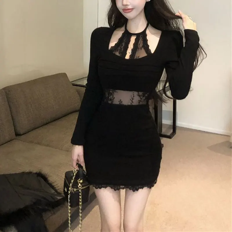 

Sexy Halter Lace Patchwork Mini Dress Spring Autumn New Fashionable Hollow Out Female Clothing Solid Color Waist Bag Hip Dresses