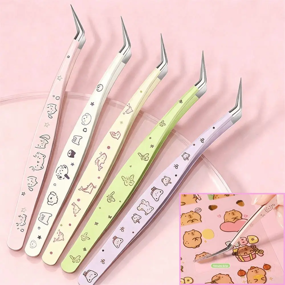 Stainless Steel False Eyelash Tweezers Anti-static With Leather Case Lashes Extension Tweezer Cartoon High Precision