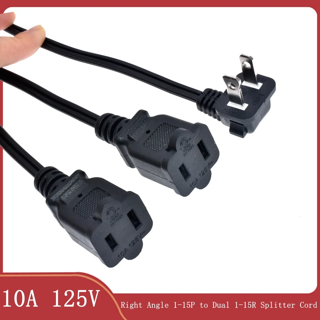90 Degree 2 Prong Polarized Y Split Power Cord, NEMA 1-15P Male to Dual 1-15R Female Power Cord Extension