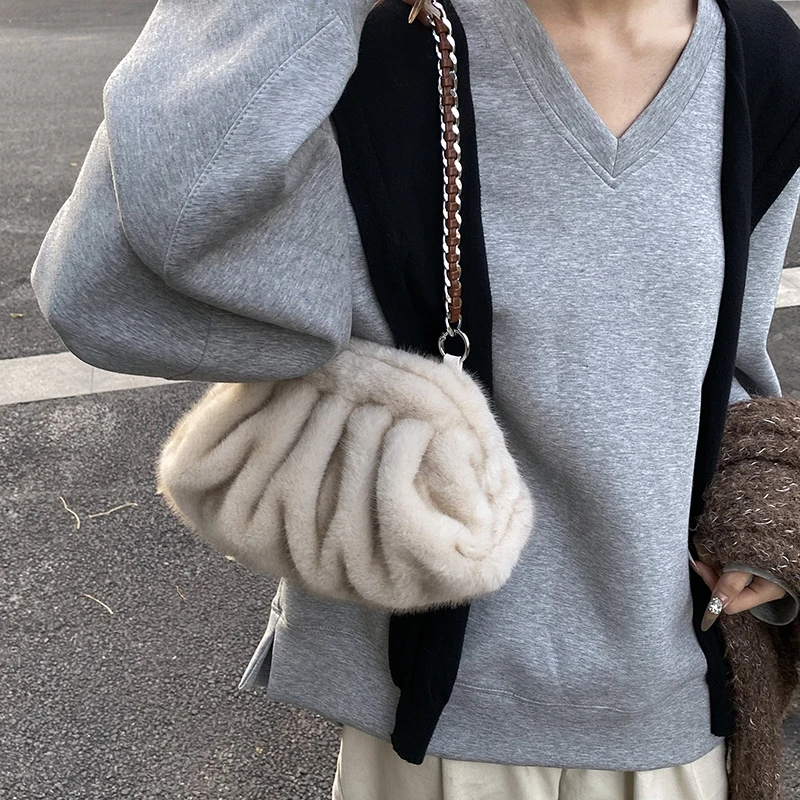 Luxury Faux Fur Pleated Shoulder Bag for Women 2024