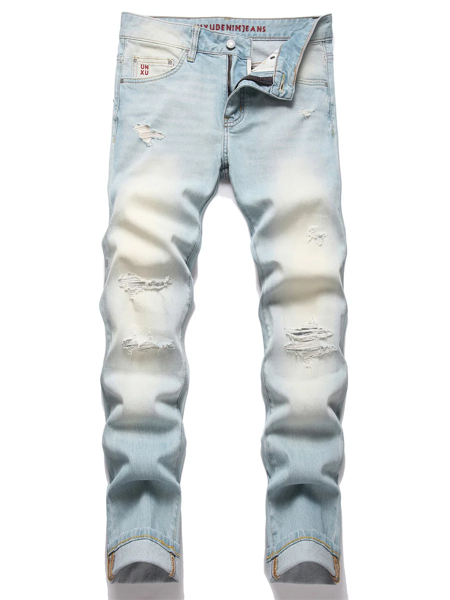 

American High Street Vibe Premium Nine-Tenths Men's Jeans Casual Wear Micro Stretch Cotton Denim Wear Resistant Straight Leg