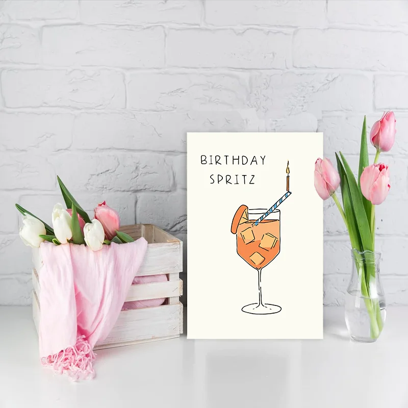 1 pc fun birthday card featuring a creative stemware drink image. Creative greeting cards. The perfect gift for family, friends